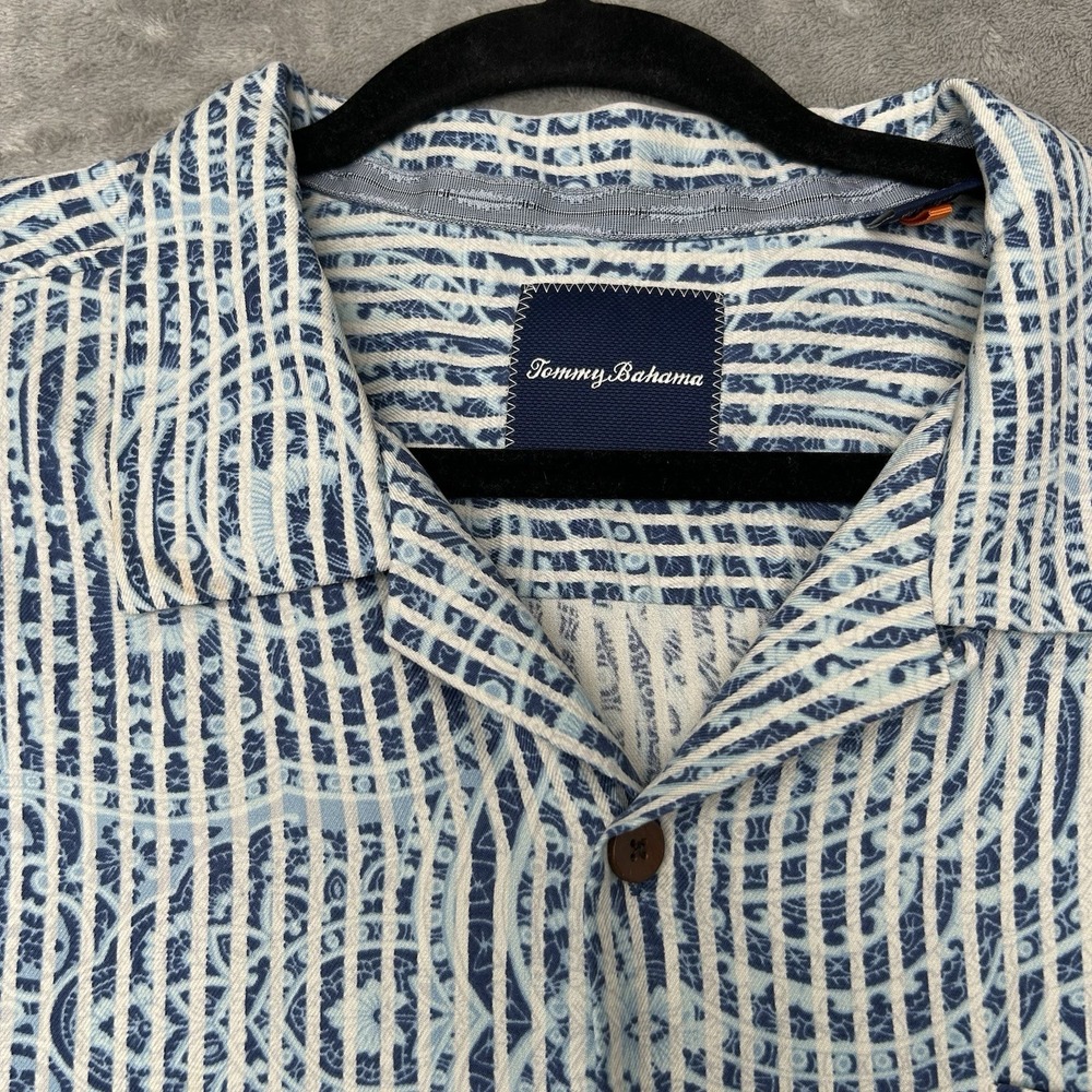 TOMMY BAHAMA Mens XL Blue Stripe Silk Shirt Hawaiian Tiki Tropical Short Sleeve